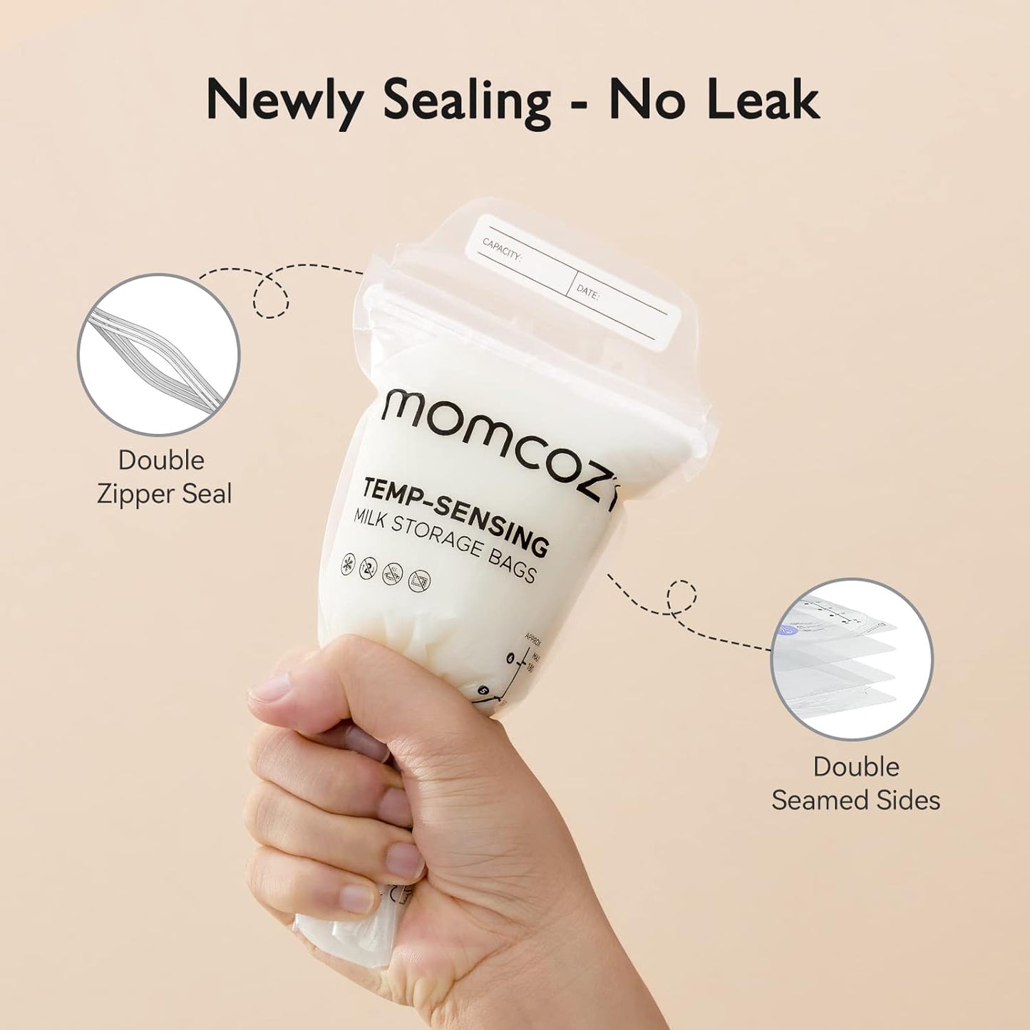Momcozy Breastmilk Storing Bags, Temp-Sensing Discoloration Milk Storing Bags for Breastfeeding, Disposable Milk Storage Bag with 6 Ounce Self Standing, No-Leak Milk Freezer Storage Pouches, 120pcs