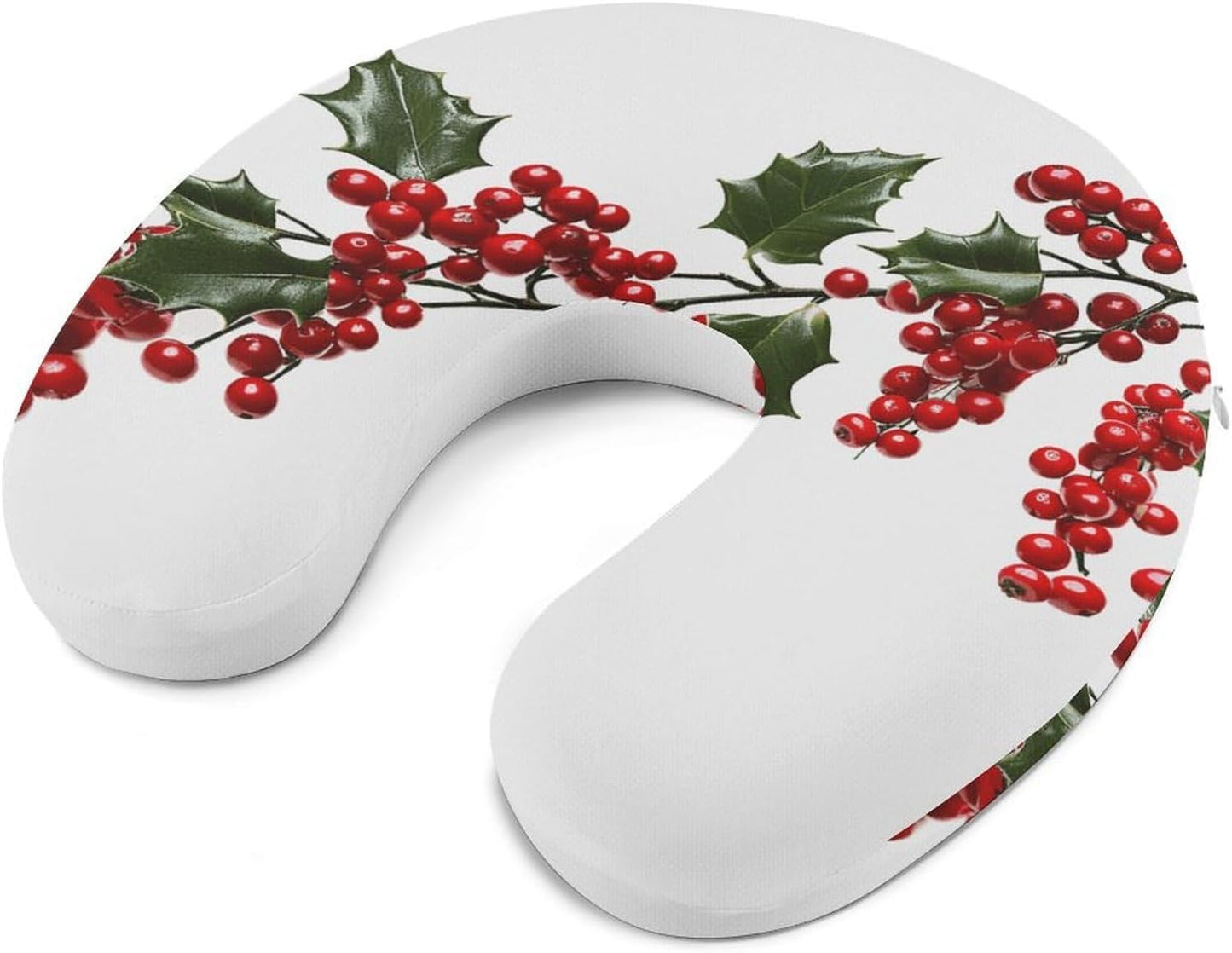 Holly Berry Branches Neck Pillow Memory Foam U Shaped Pillows Portable Pillows for Shoulder Travel Head Support Pillow with Concealed Zipper for Airplane Car Home Office