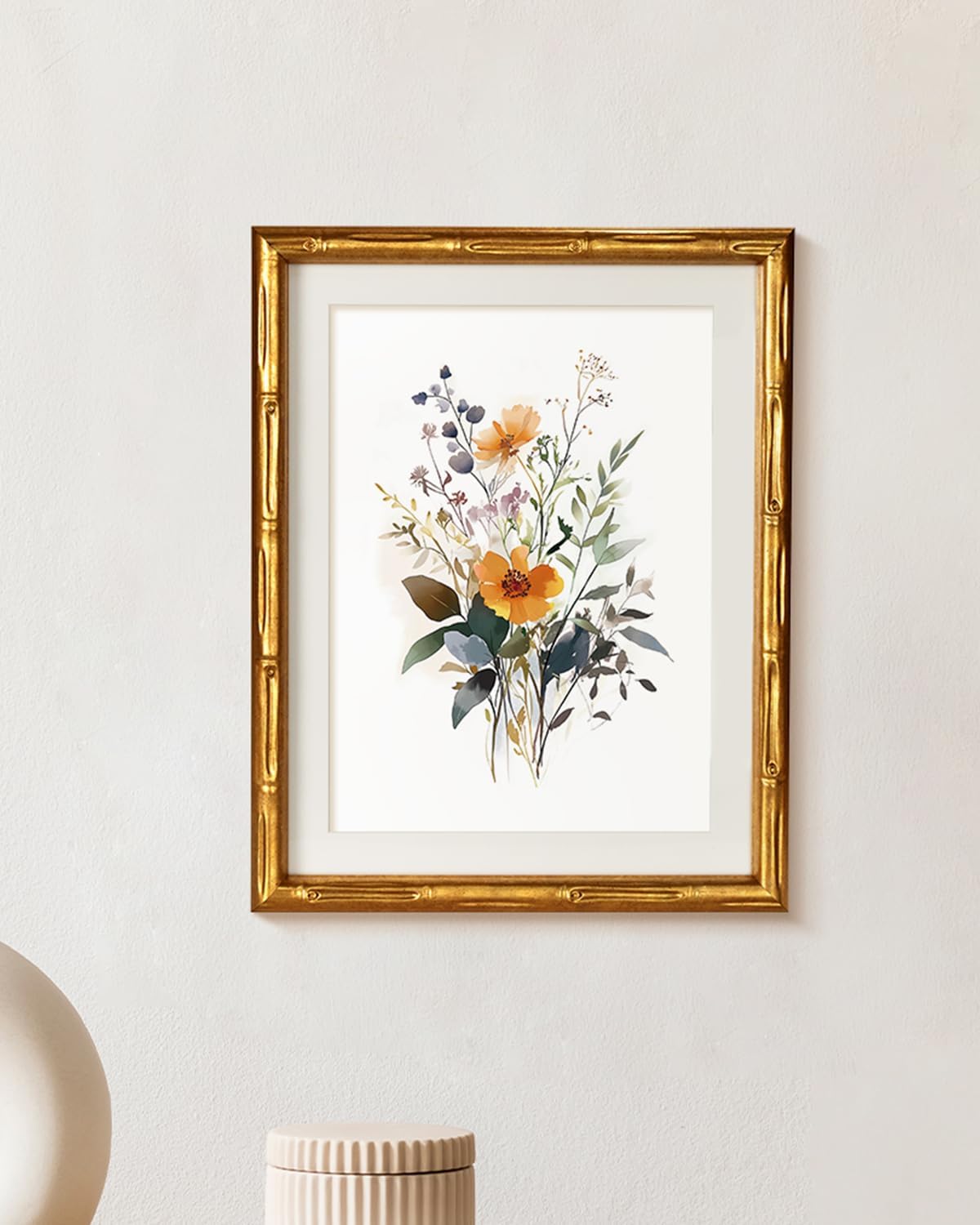 Gold Bamboo Style Framed Floral Canvas Wall Art, Elegant 11x14 Inch Botanical Flower Print, Modern Soft Illustration Watercolor-Inspired Artwork, Bedroom Entryway Bathroom Decor