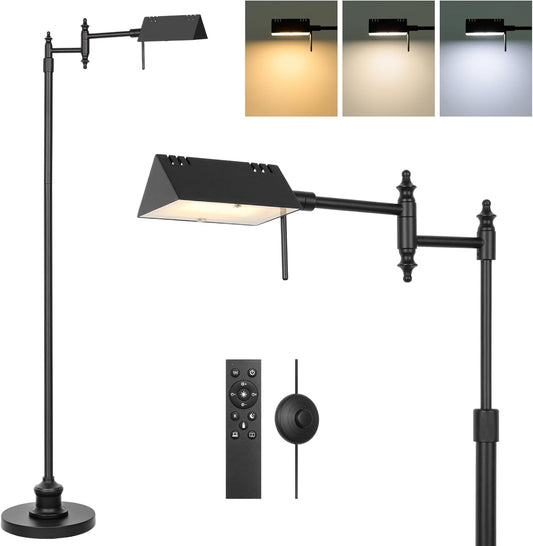 Dimmable Pharmacy Floor Lamp with Remote, 17W LED Reading Floor Lamp with 360°Swing Arm, 3 Color Temperature, Height Adjustable Black Standing Task Lamp for Living Room, Bedroom, Black