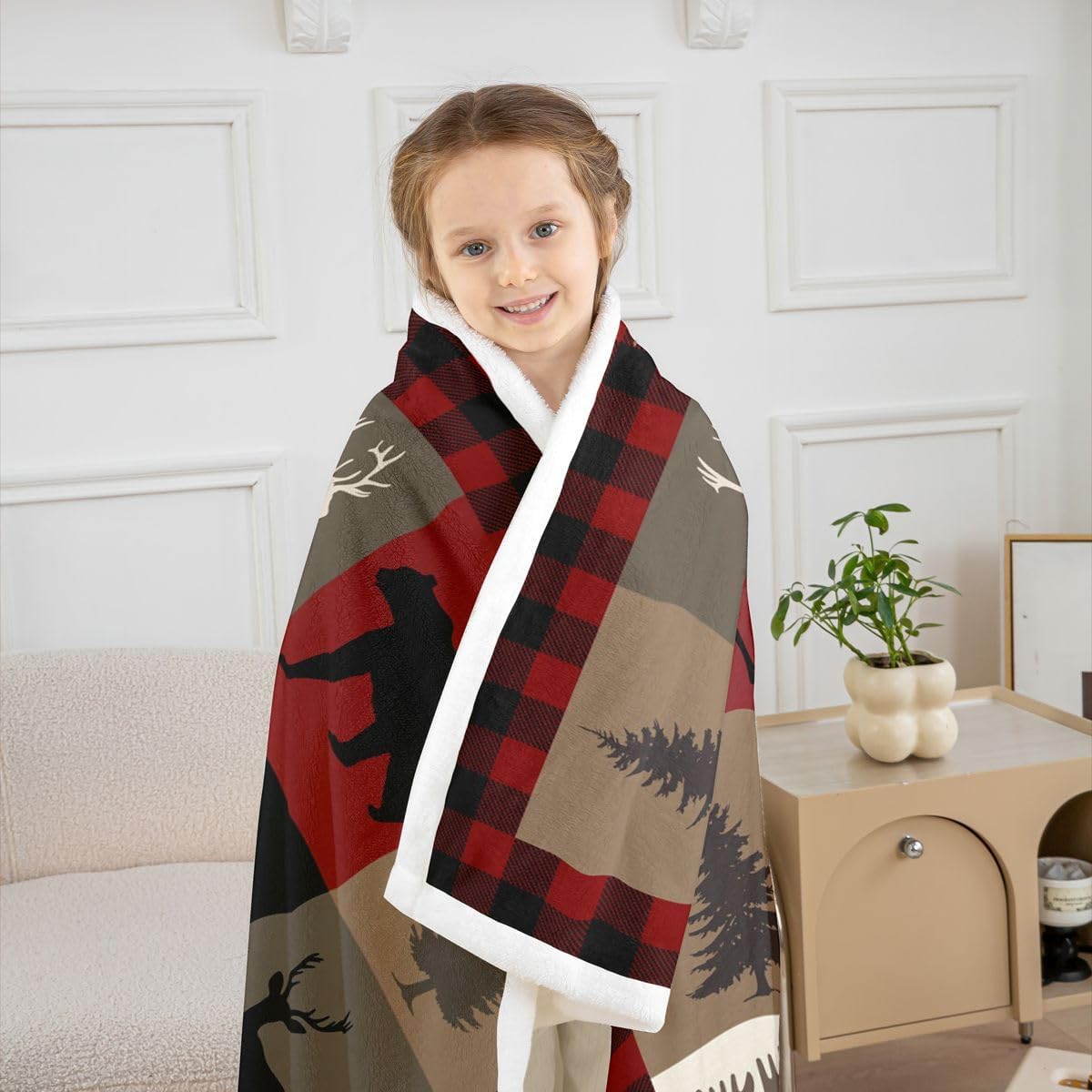 Feelyou Rustic Sherpa Throw Blanket for Couch Cabin Lodge Bear Deer Super Soft Cozy Fleece Western Country Blanket Plush Throw Farmhouse Moose Baby 30"x40" Red Brown Buffalo Check All Season