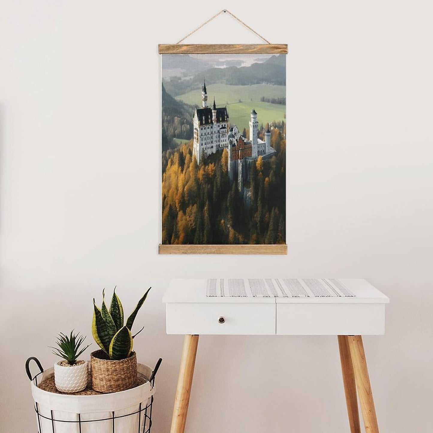 Vintage Germany Neuschwanstein Castle Poster with Wooden Frame Personalized Linen Hanging Scroll Painting Rustic Wall Hanging Illustrative Modern Artwork Decor for Home Living Room Bedroom Office