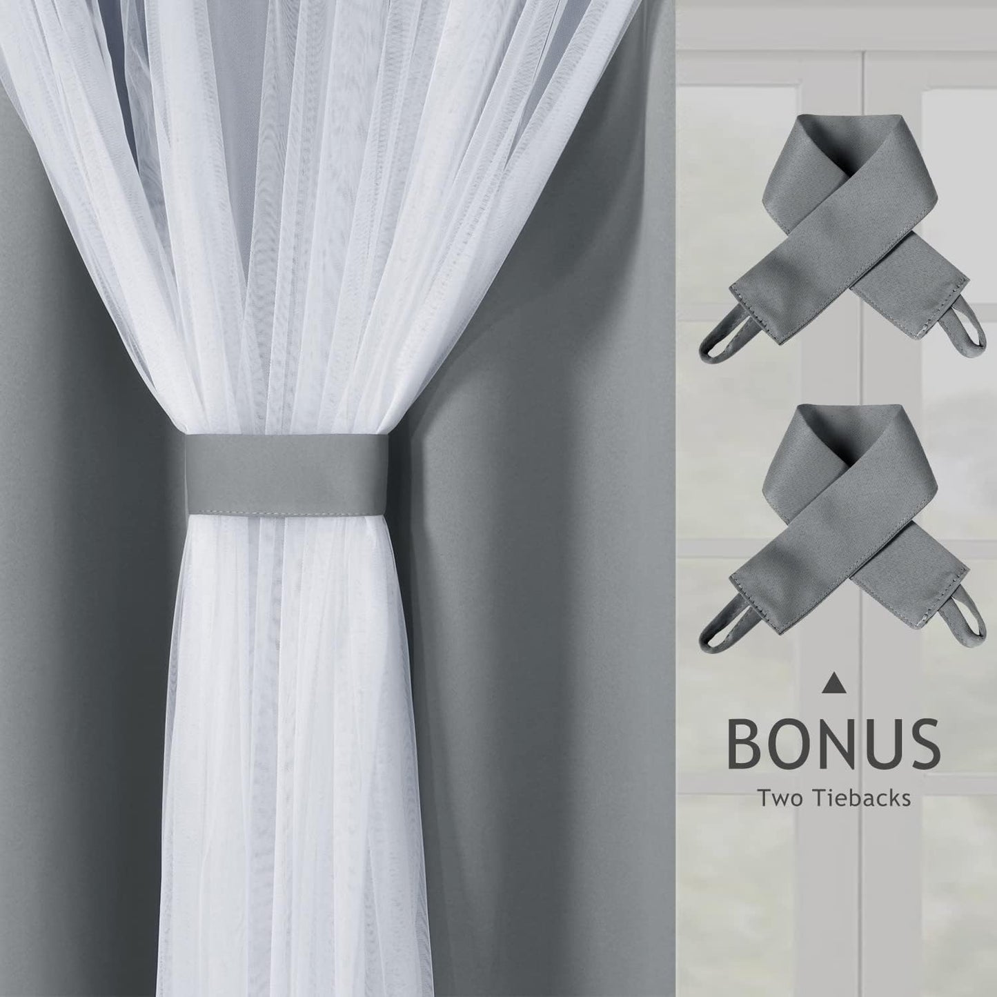 BONZER White Sheer Tulle Overlay Blackout Curtains Grommet Top Mix and Match Curtains for Bedroom, Cloud Grey, 52x63 Inch, Set of 2 Panels