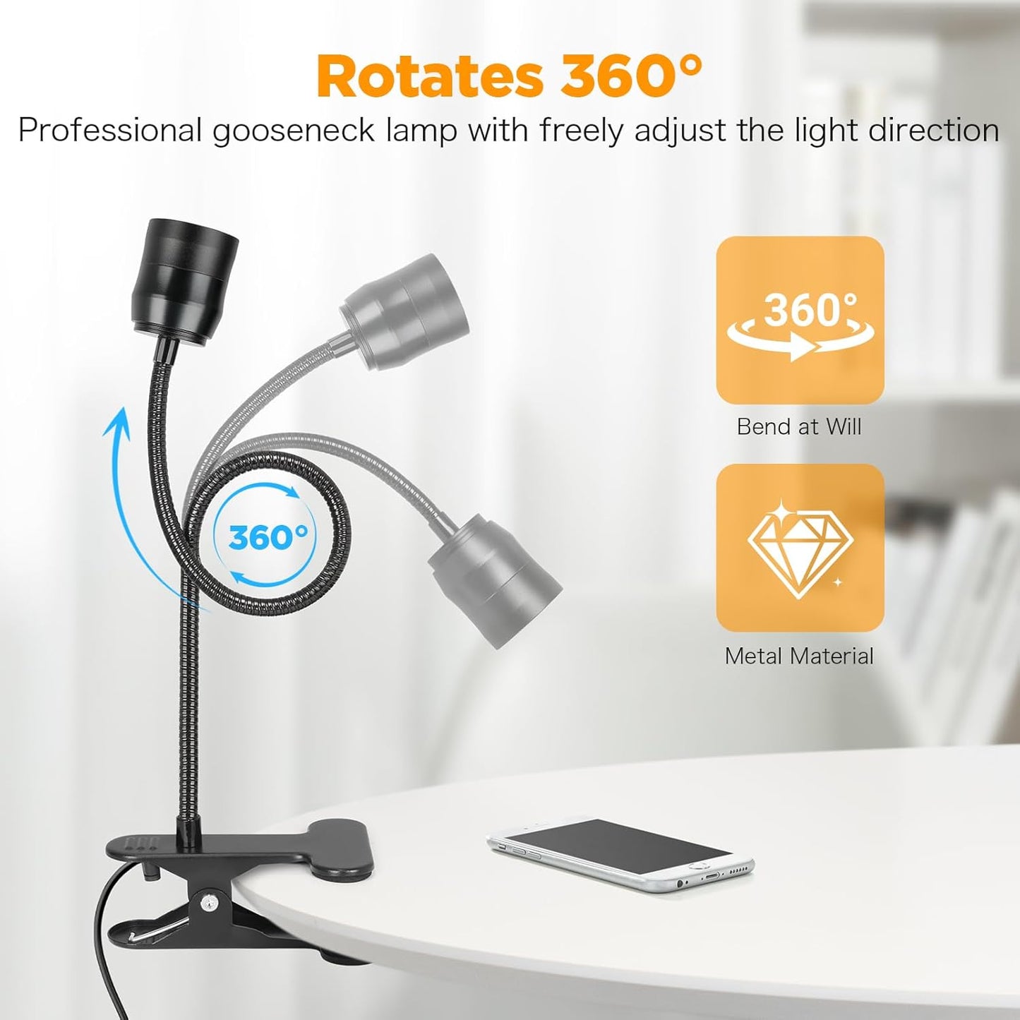 Dimmable LED Clip Light for Bed Reading, 360° Flexible Gooseneck Clamp Lamp with 3 Color Modes & 10 Brightness Levels, USB Powered Book Light for Headboard, Desk, Dorm & Study