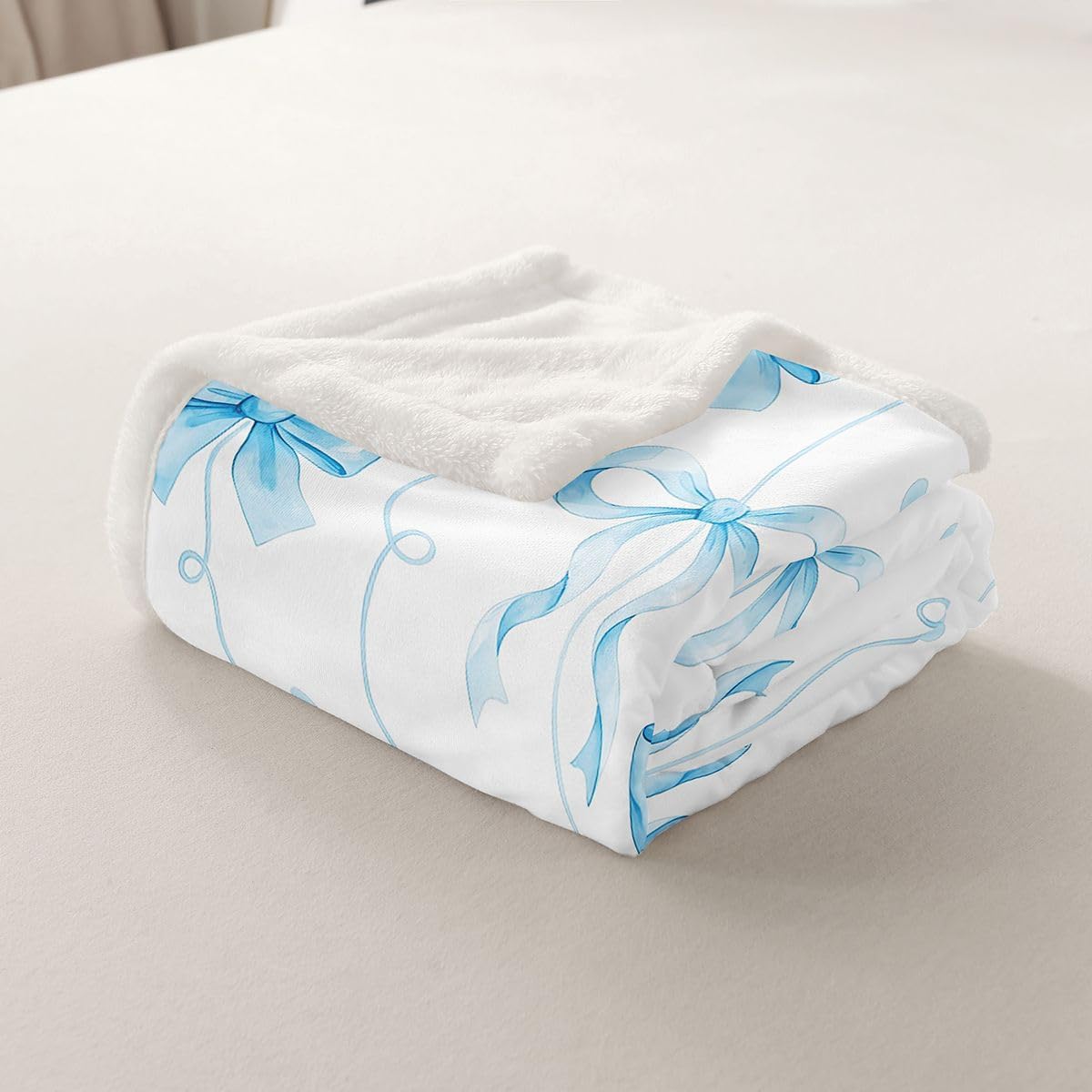 Feelyou Girls Bow Throw Blanket Blue Bowknot Soft Fleece Sherpa Cozy Fuzzy Plush Warm Bow Knot Accent Fuzzy Plush Throw Elegant Girly Design Baby 30"x40" Cute for Bed Couch Living Room
