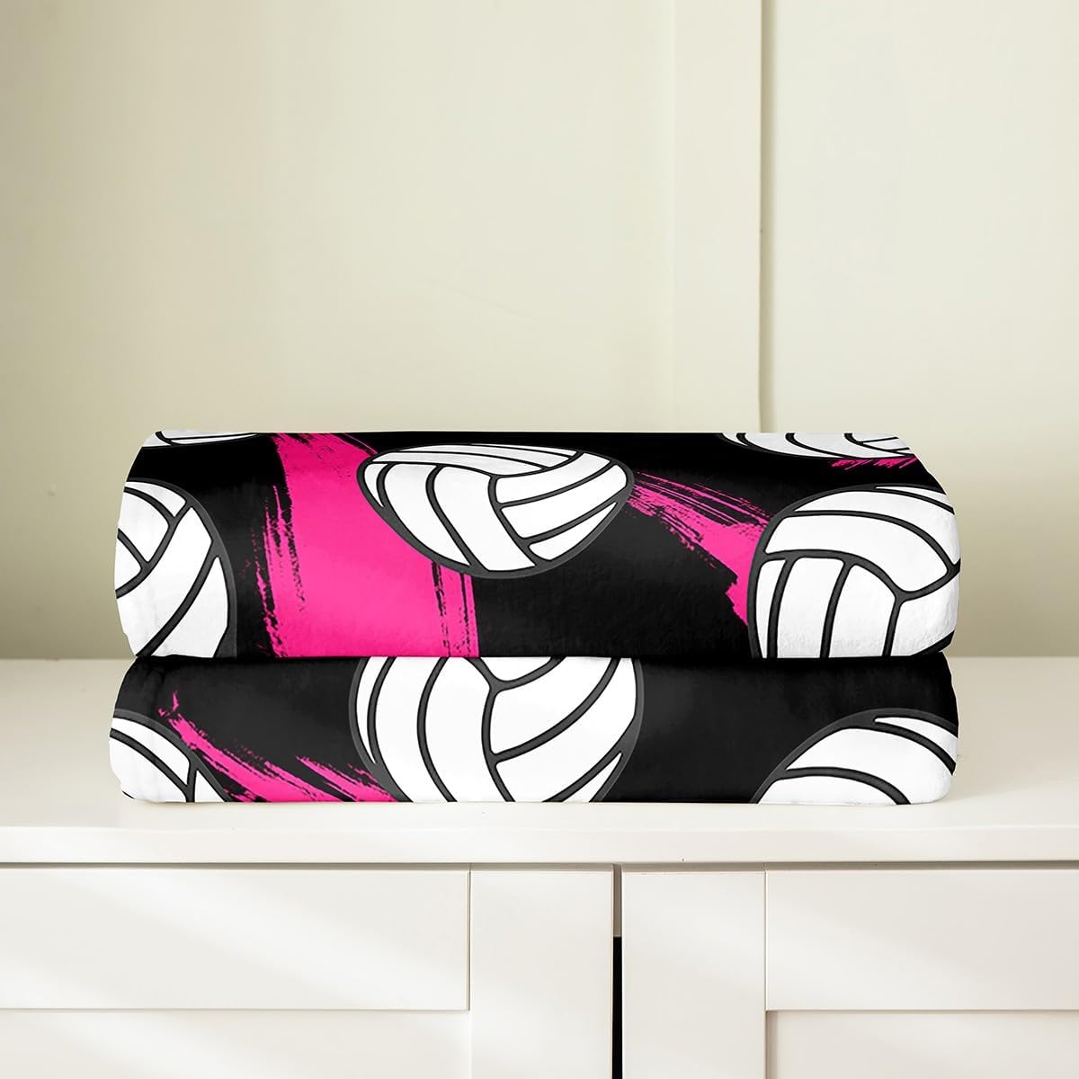 Feelyou Volleyball Flannel Fleece Throw Blanket Throw 50"x60" Volleyball Games Fuzzy Blanket Black White Pink Simple Modern Geometric Ball Pattern Plush Blanket Sports Theme All Season Bed Blanket