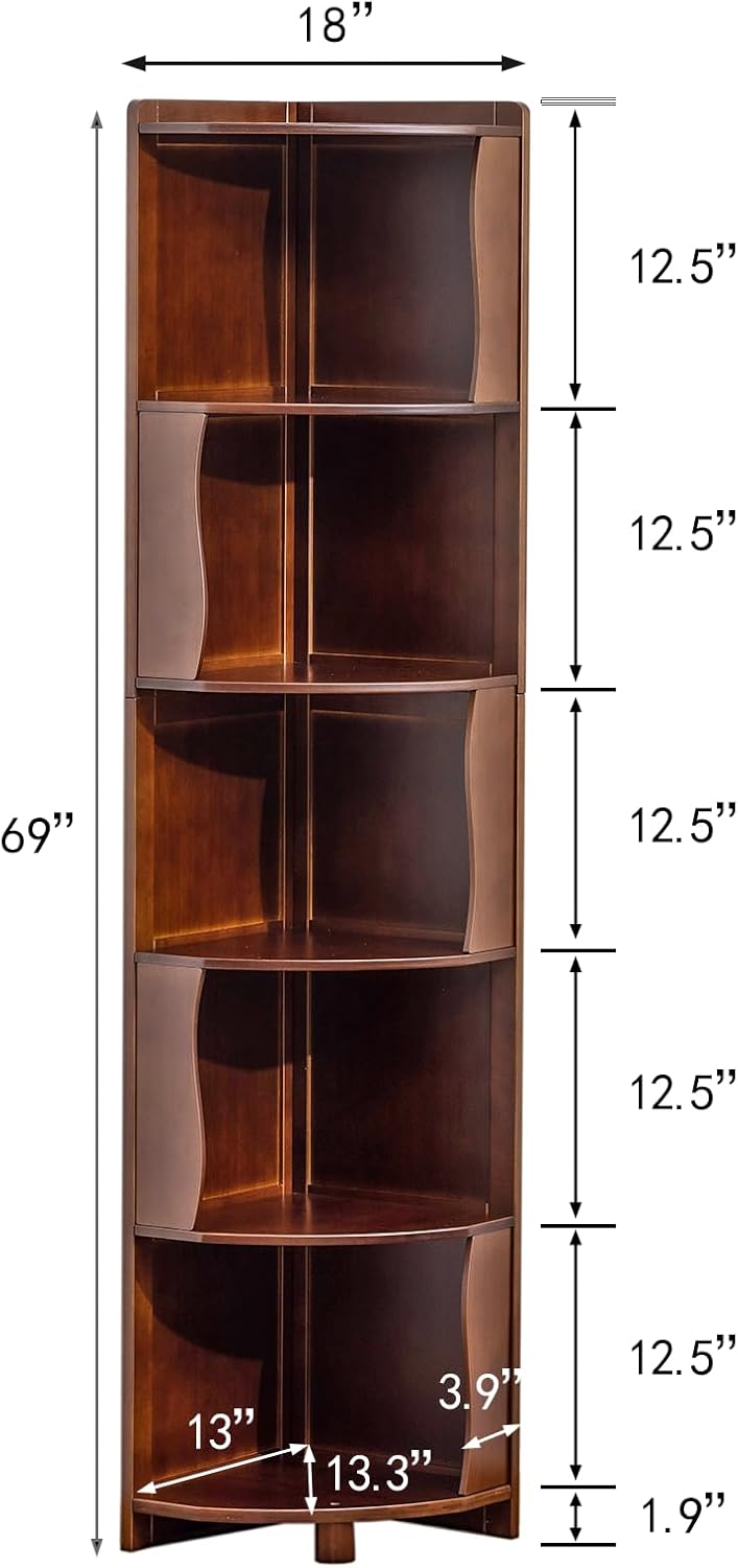 5-Tier Bamboo Corner Shelf Freestanding Fan-Shaped Storage Rack, Space-Saving Corner Cabinet for Living Room or Bedroom, Easy to Assemble, Walnut