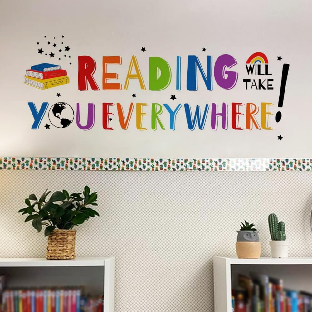 Inspirational Quote Wall Decal Sticker, Motivational Phrase Decoration Classroom Bedroom Playroom Art, Study Room Library Wall Sticker Decor, Reading Will Take You Everywhere