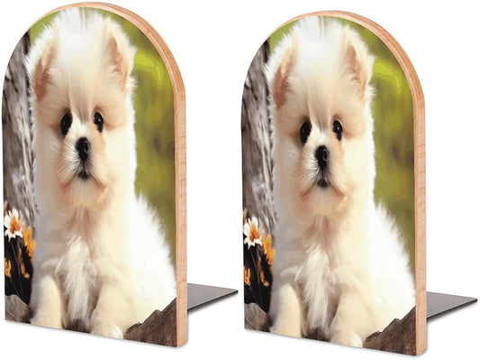 Cute Dog Bookend for Shelves Wooden Book End Large Size Sturdy Book Holders Stoppers with Metal Base for Bookshelves Slick Decorative Bookends Stands