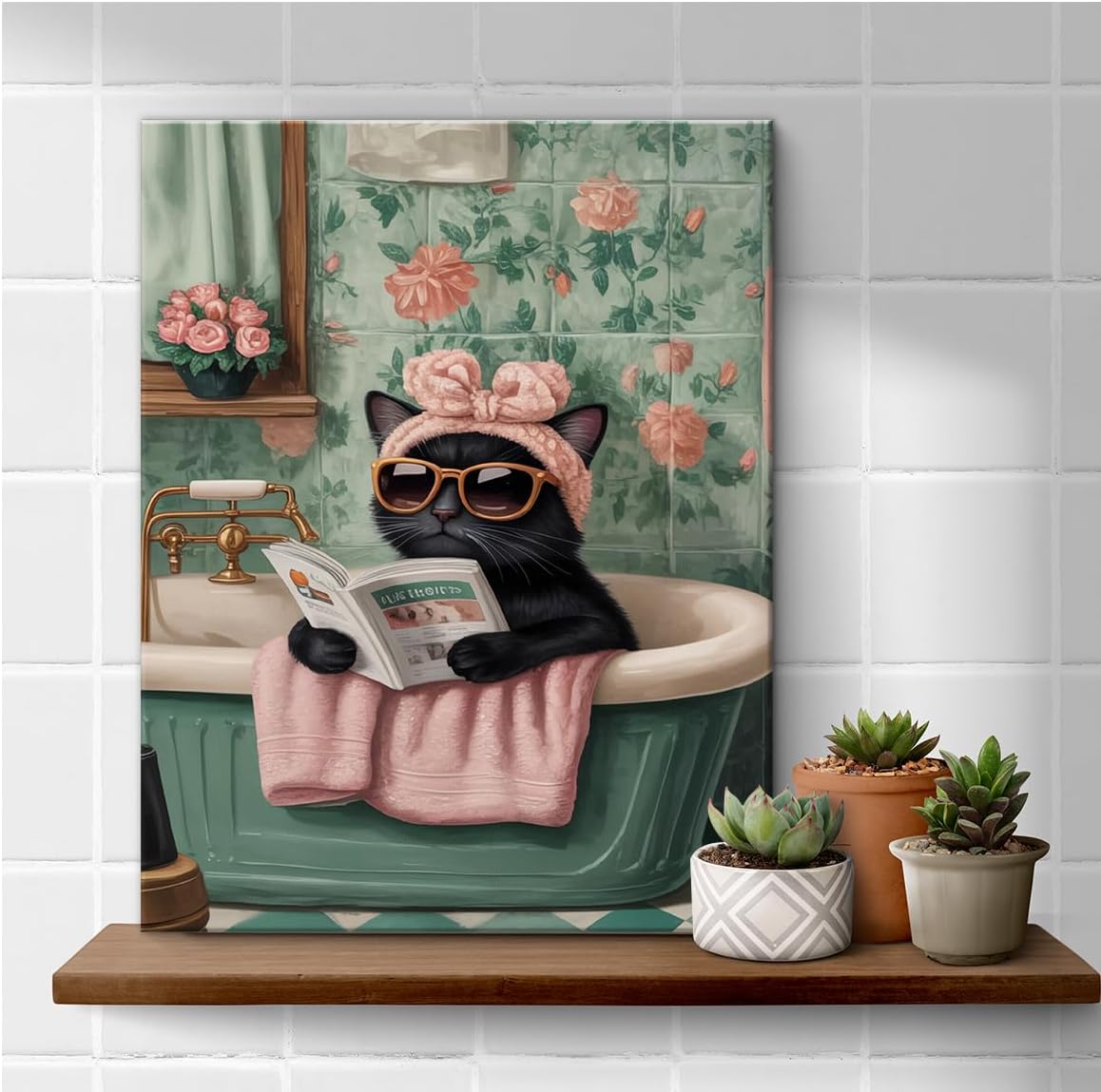 Funny Modern Cat Bathroom Wall Art Print - Cute Cat Reading in Bathtub Poster Picture - Floral Aesthetic Bathroom Wall Decor Canvas Framed 8x10 Inches