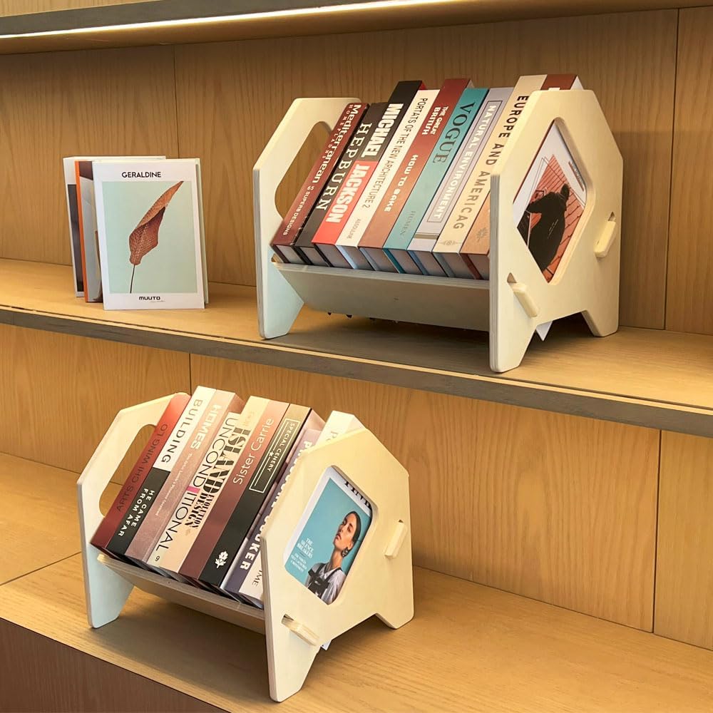 2 Pack Desktop Bookshelf, Stackable Book Organizer with Handle, Storage Rack for CD/Magazine/File Folder, Portable Small Bookshelf for Study, Living Room, Kid's Room, No Nails, Small Size