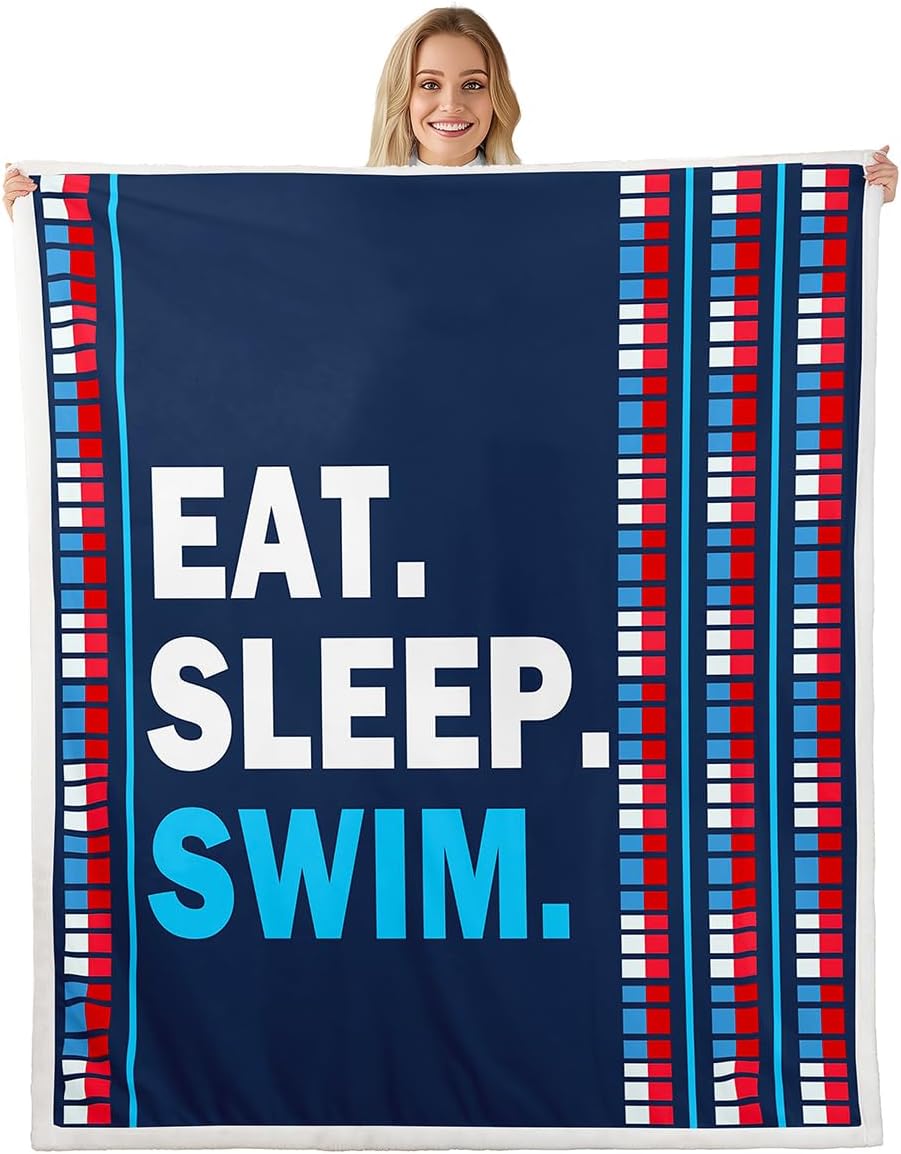 Swim Lover Bed Blanket Water Sports Theme Throw Blanket Lightweight Soft Cozy Luxury Swimming Lane Fleece Blanket Navy and Red Flannel Blanket for Sofa Bedroom Office Travel All Season(Twin 60"x80")