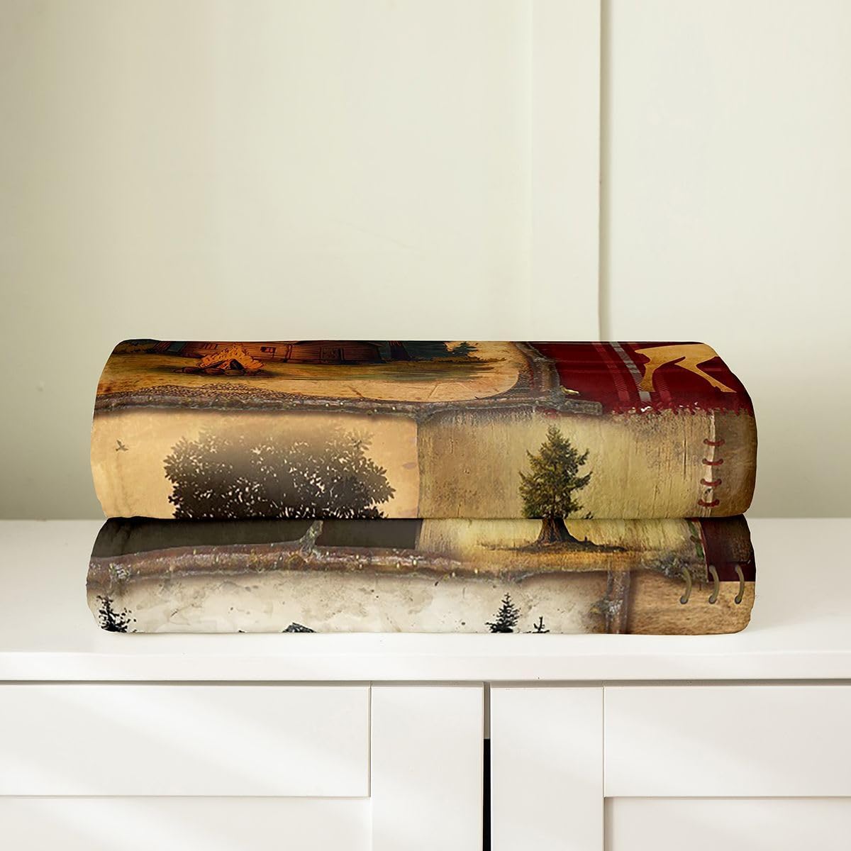 Rustic Farmhouse Queen, Retro Cabin Lodge Fuzzy Blanket, Hunting Bear Deer Fleece, Country Maple Leaves Plush, Rustic Woodland Pine Tree Flannel Soft Cozy, Red Brown