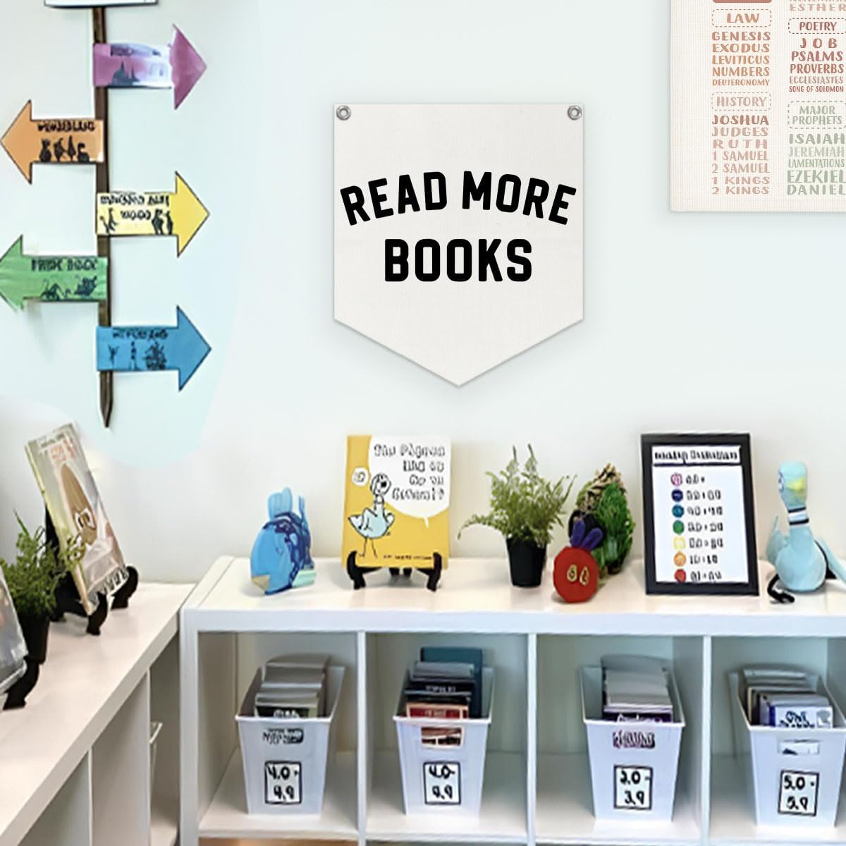 Lacama Reading Corner Decor for Classroom，Read More Books Linen Banner,Read Sign Wall Hanging Banner Pennant Flag Decor for Homeschool Nursery Playroom Toddler Nursery Decor College Dorm Room,12.4x14 in