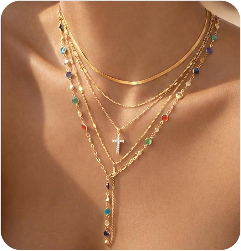 FAXHION 5PCS 14k Gold Plated Cross Necklaces for Women, Pendant Stacked Layered Diamond Y Long Boho Jewelry Sets Adjustable Accessories Trendy Gifts for Women