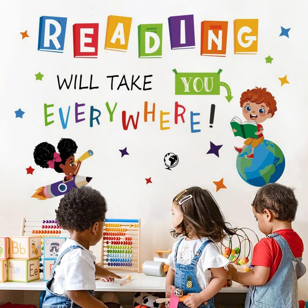 Reading Will Take You Everywhere Inspirational Quote Wall Decal Sticker, Motivational Phrase Classroom Bedroom Playroom Art, Library Positive Saying Decor Gift