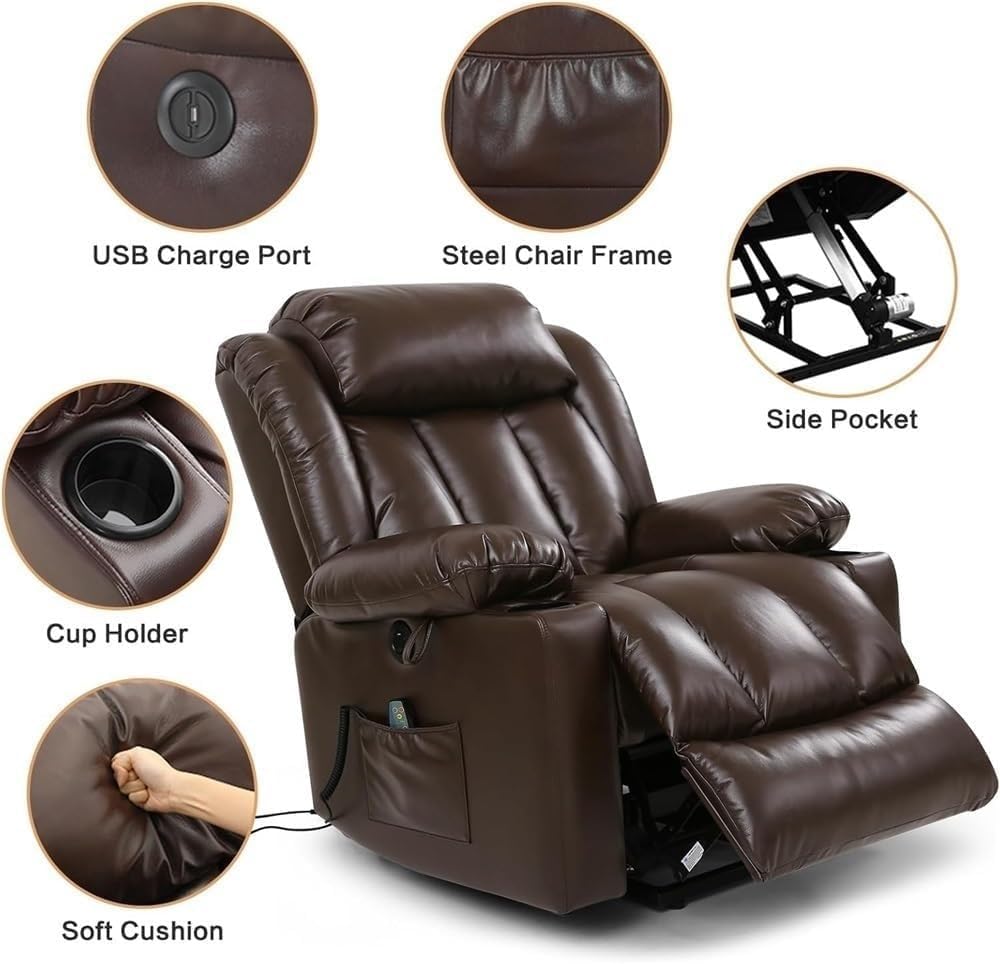 Oversized Electric Power Lift Recliner Chair for Seniors & Adults with Heated Massage, Stand Assistance, Comfortable Leather Lounge Sofa, Adjustable Reclining for Nursery and Living Room