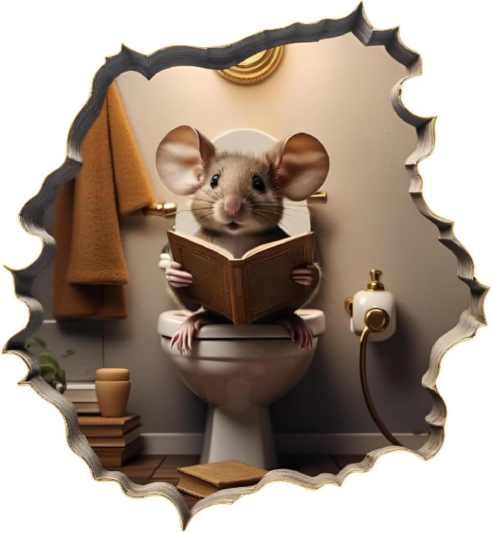 3D Mouse on Toilet Reading Book Wall Decal Sticker, Size 5 inches
