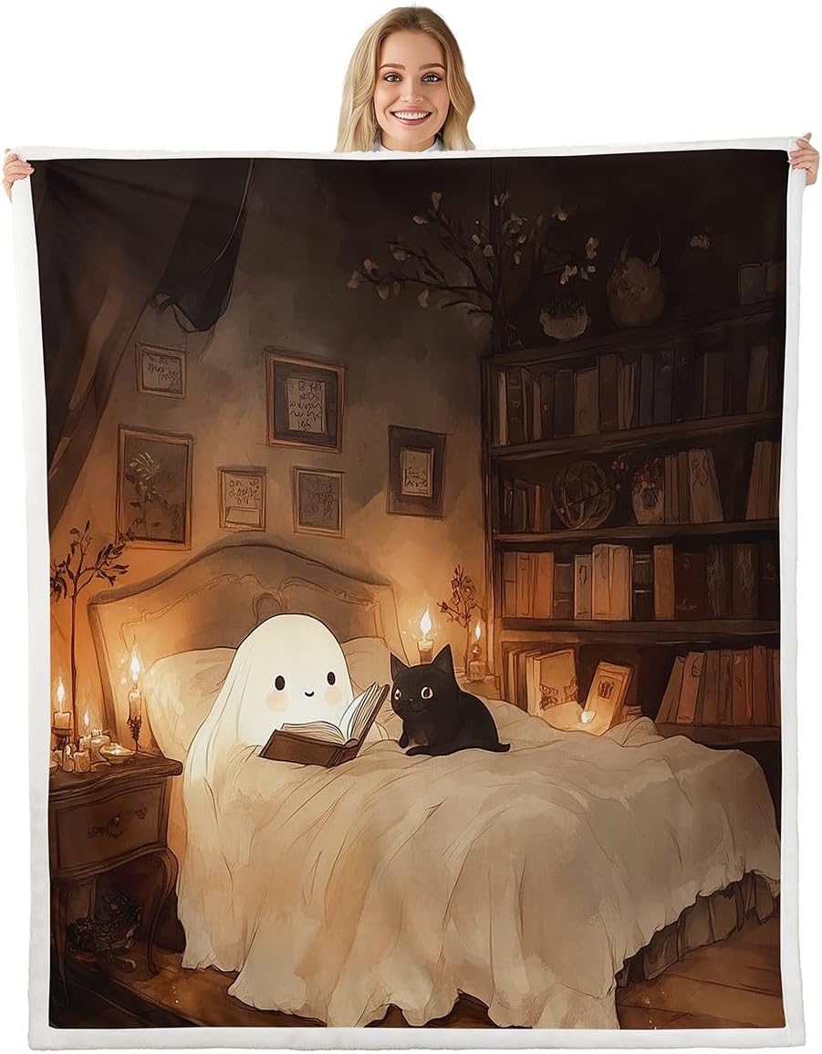 jejeloiu Halloween Funny Ghost Sherpa Blanket Plush Fuzzy Kawaii Cute Cat Fleece Throw Blanket Boys Girls Reading Book for Bed Couch Chair Living Room Bedroom Decor Queen 90"x90"