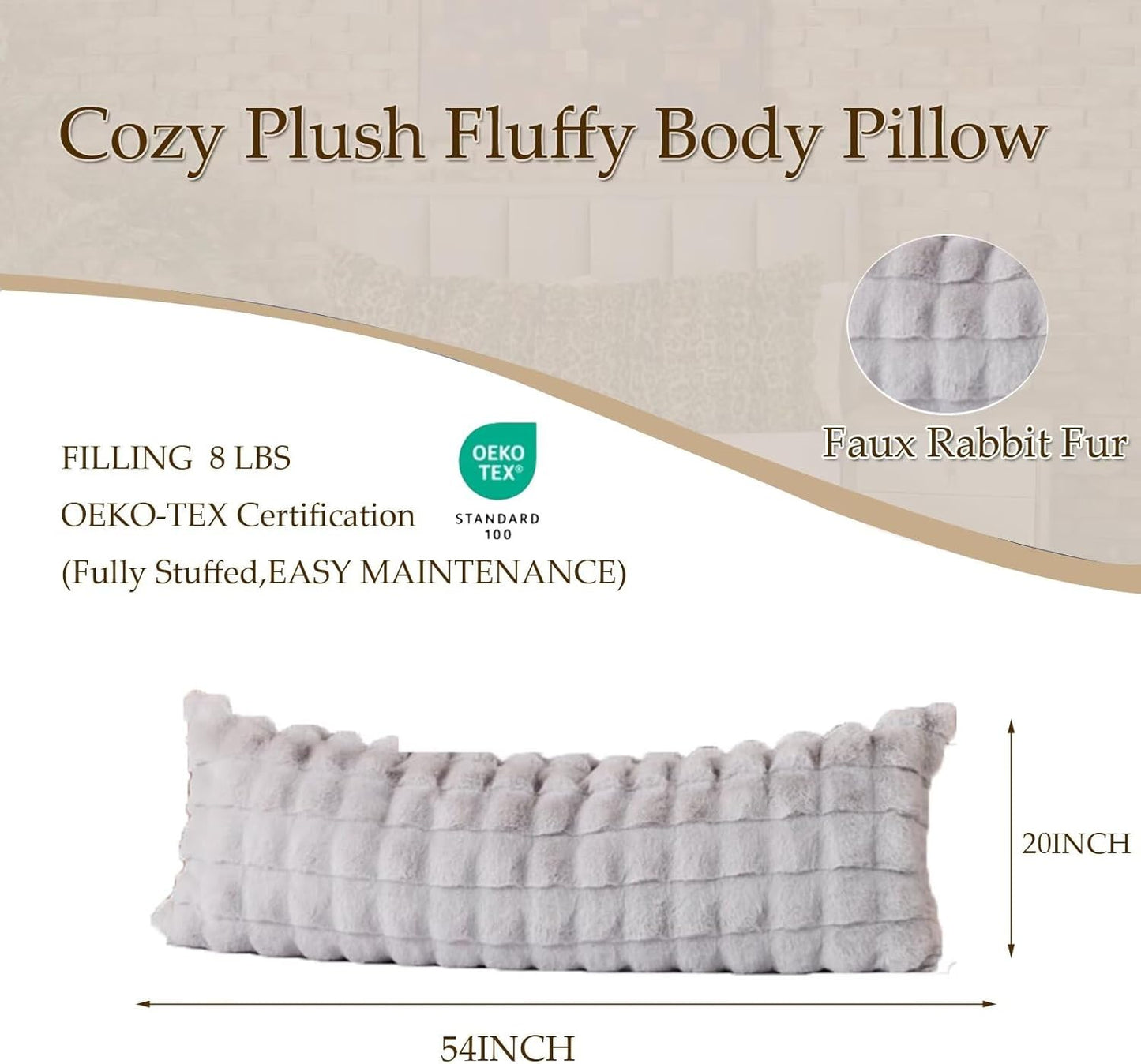 Luxury Shaggy Faux Fur Body Pillow,Fluffy Bed Pillow with Zipper Closure,Soft Decorative Plush Full Long Pillows,Fuzzy Hug Pillow for Living Room Side Sleeper & Pregnancy 20"x54" Grey Chocolate