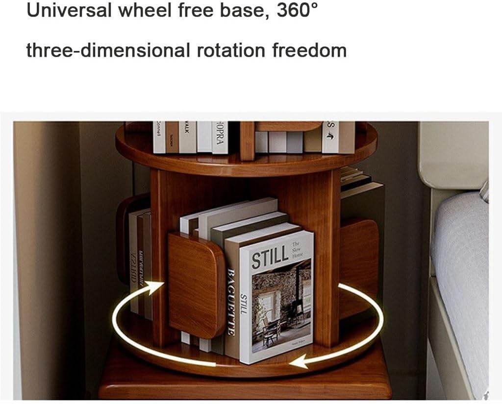 Walnut Rotating Bookshelf with Wheels, 360° Rotary Bookcase, Stackable Picture Book Rack with Drawers, Space-Saving Storage for Living Room and Bedroom