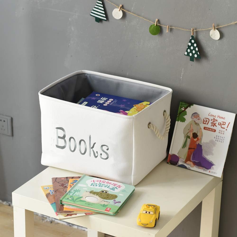 INough Book Basket for Kids Room, Book Storage Basket Book Organizer for Nursery Room Classroom Library Book Storage Box Collapsible Book Bins with Drawstring Closure for Cartoon Book Reading