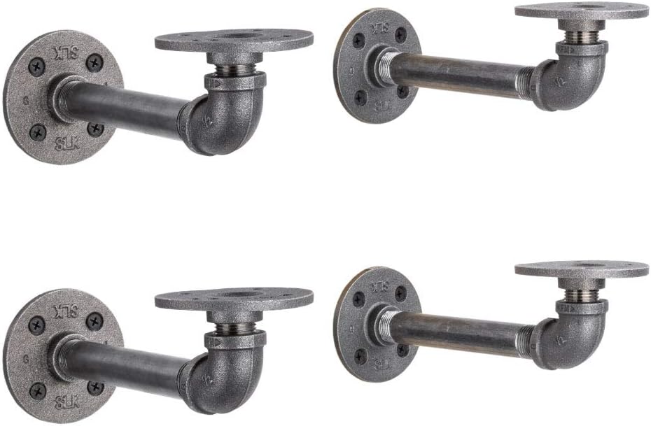 PIPE DECOR Industrial Pipe Shelf Brackets, 6 Inch, 4 Pack – Wall Mounted Double Flange Floating Shelf Hardware, Rustic Vintage-Style Shelving Support Set