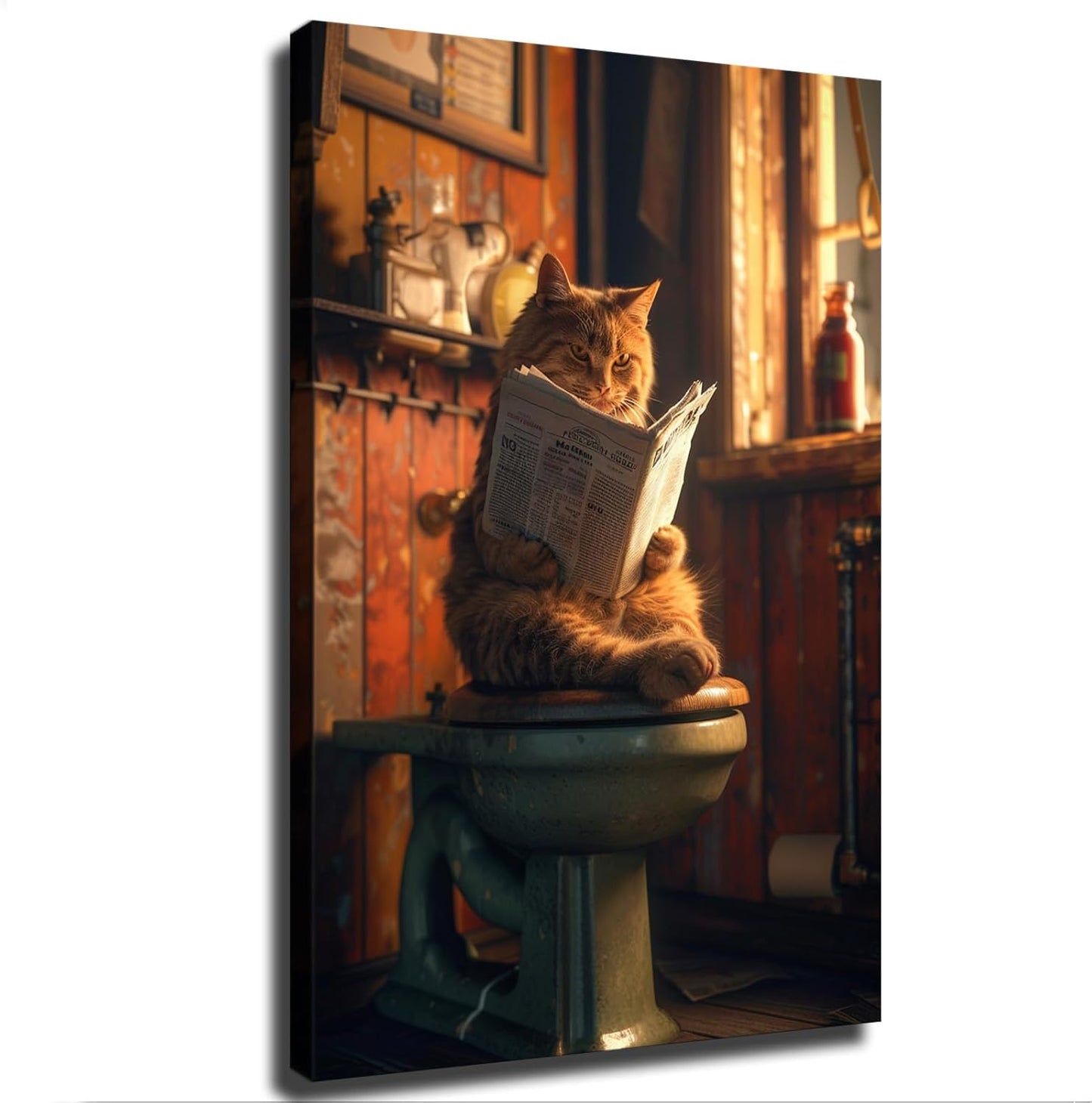 Animal Domineering Orange Cat Sitting in The Toilet Reading A Newspaper Print Poster Picture HD Print Poster Retro Painted Modern Home Bedroom Room Aesthetic Decoration Canvas Art (08x12inch Framed)