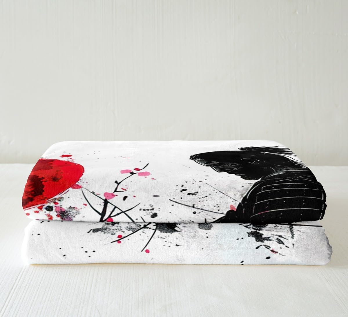 Feelyou Japanese Samurai Fleece Throw Blanket Twin 60"x80" Kids Cherry Blossoms Plush Blanket for Boys Girls Teens Red Sun Pattern Home Decor Sherpa Blanket Fuji Mountain Fuzzy Blanket