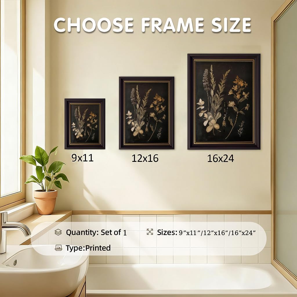 Framed Dark Botanical Canvas Wall Art Vintage Moody Floral Prints with Wood Frame Dark Academia Aesthetic Gallery Painting Wall Decor for Bedroom Living Room Office 9x11 Inch