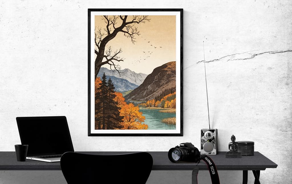 heshengzaixian Autumn Mountain Lake Landscape Prints, Vintage Japanese Woodblock Style Wall Art Poster, Nature Forest Scene Decor Canvas Artwork for Home Office, Nature Lover Gift,8x10 In Unframed