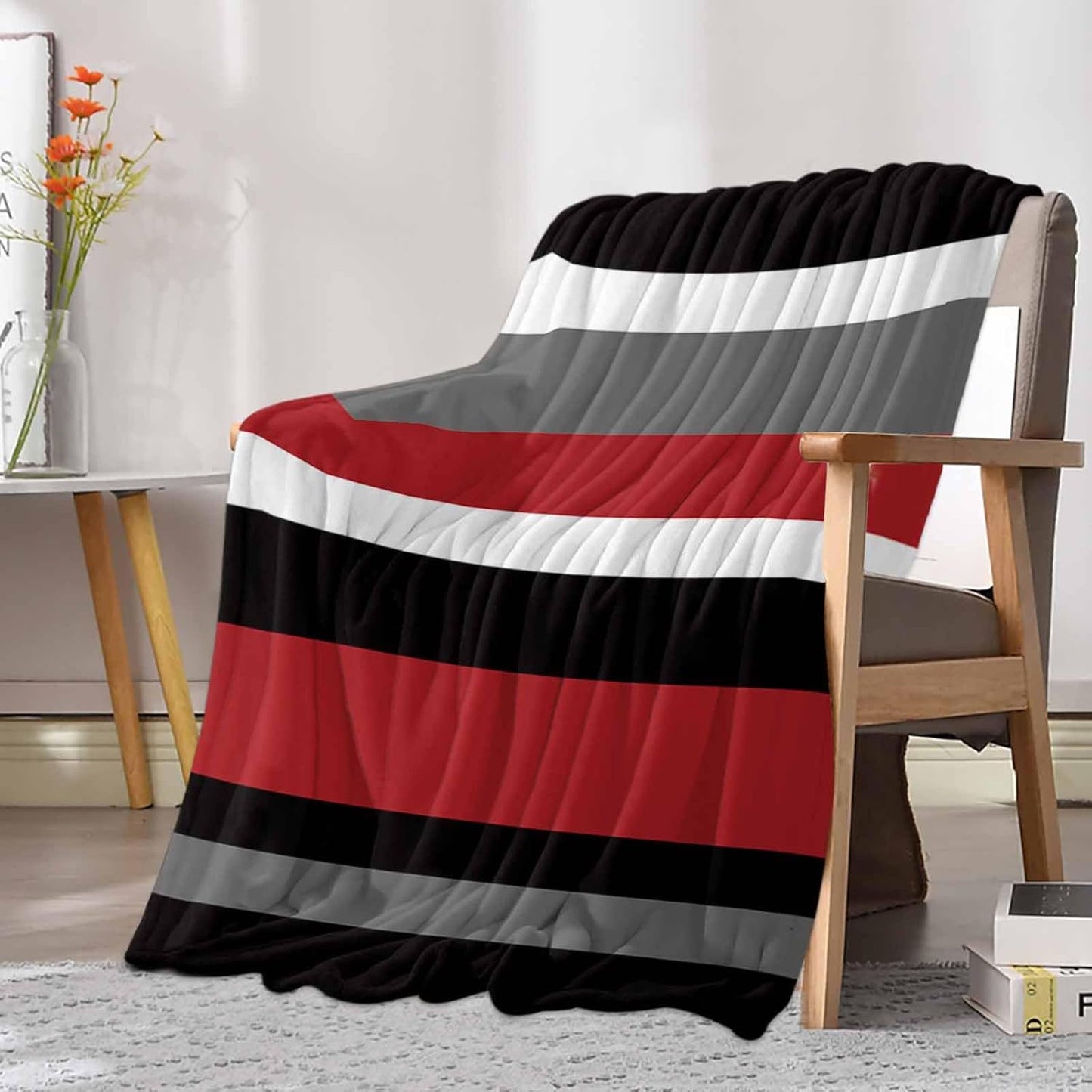 Red Black Stripes Throw Blanket, Geometric Striped Super Soft Warm Flannel Blankets for Bed Couch Sofa Lightweight Fluffy Plush Absract Bed Throws 50x60 Inch