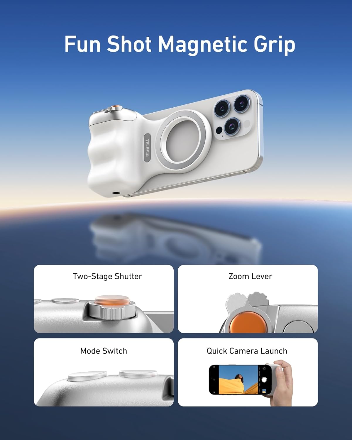 TELESIN Upgraded Magnetic Phone Camera DSLR Style Shutter Grip for iPhone & Android with Anti-Drop Detachable Wireless Shutter Button - 1/4" Screw - FunShot Comfort Ergonomic Camera Grip Handle Holder