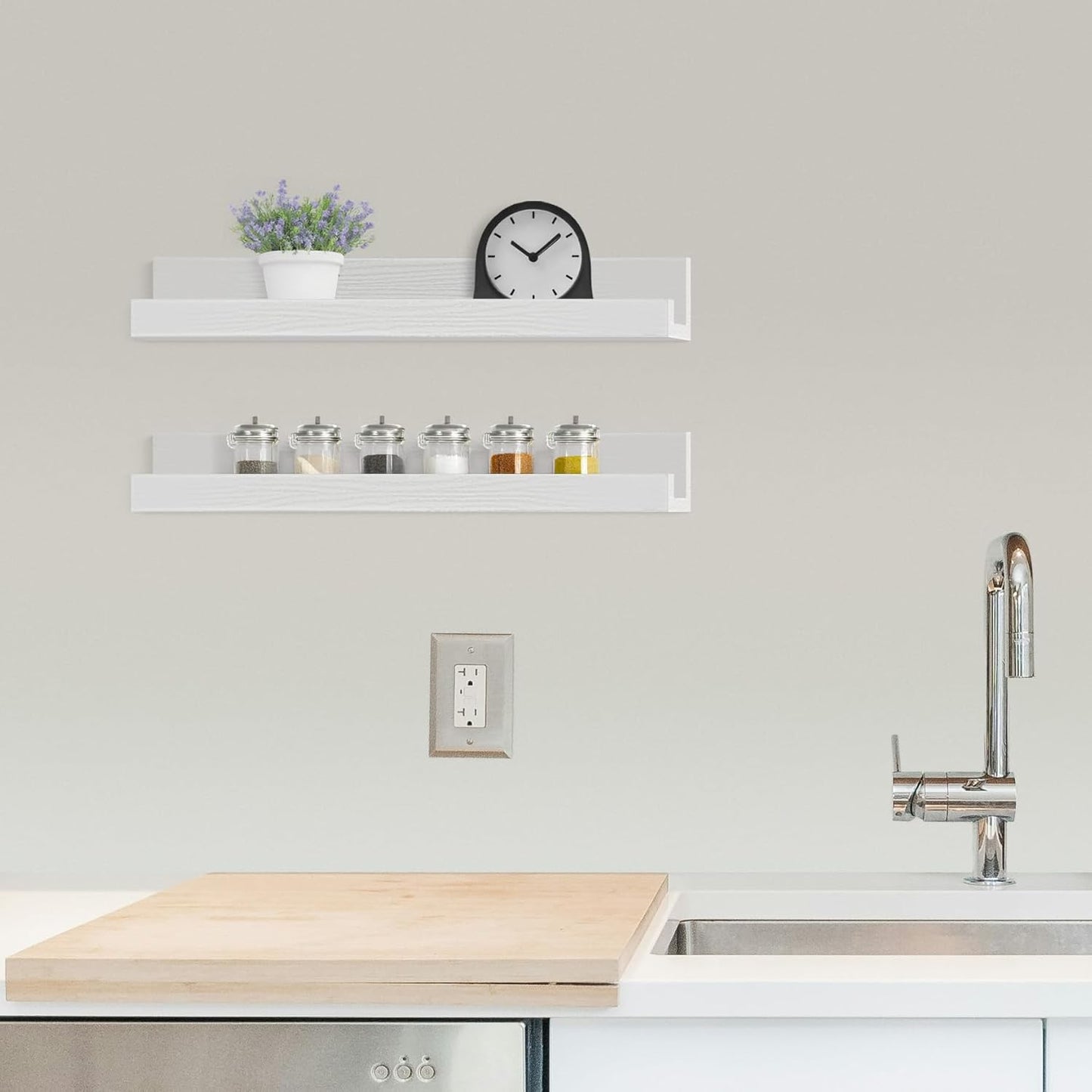 ZNZ Floating Wall Shelves for Home Decor, Durable PS Material Shelf, Strong One-Piece Design for Bedroom, Living Room, Office, Kitchen, Bathroom, Picture Ledge, White