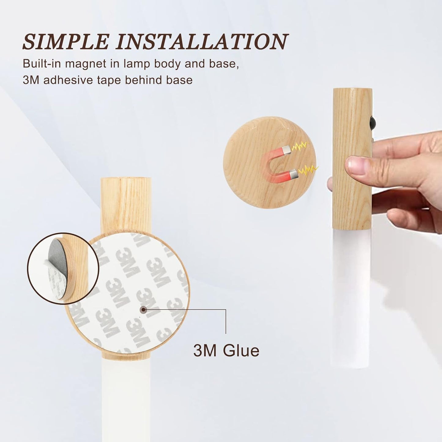 Motion Sensor Wall Sconces, Smart Portable Sensor Night Light Wood USB Rechargeable Magnetic Night Light (White Ash Wood 2PCS)