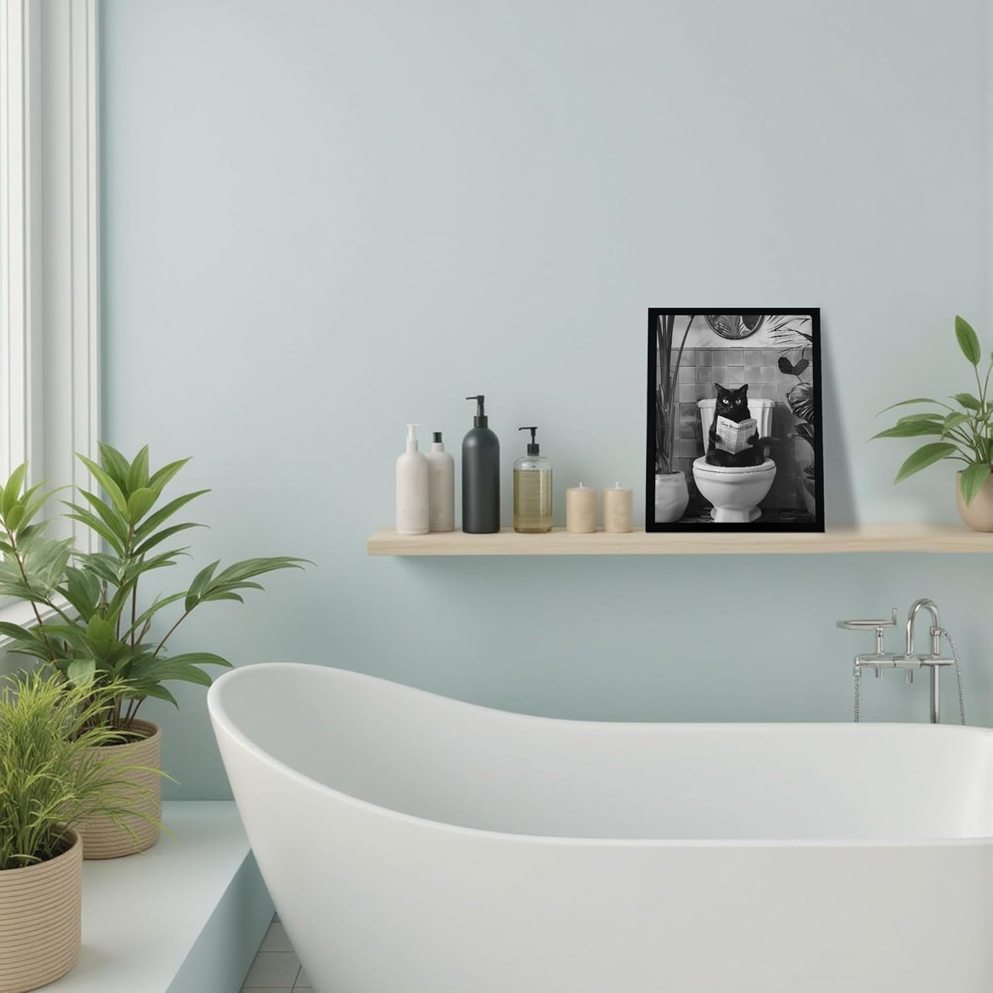 Funny Black Cat Bathroom Wall Decor, Black Cat Sitting on Toilet Reading Newspaper Wall Art, Humorous Cat Bathroom Decor, Black and White Minimalist Animal Canvas Wall Art for Restroom, Wood Framed 8x10