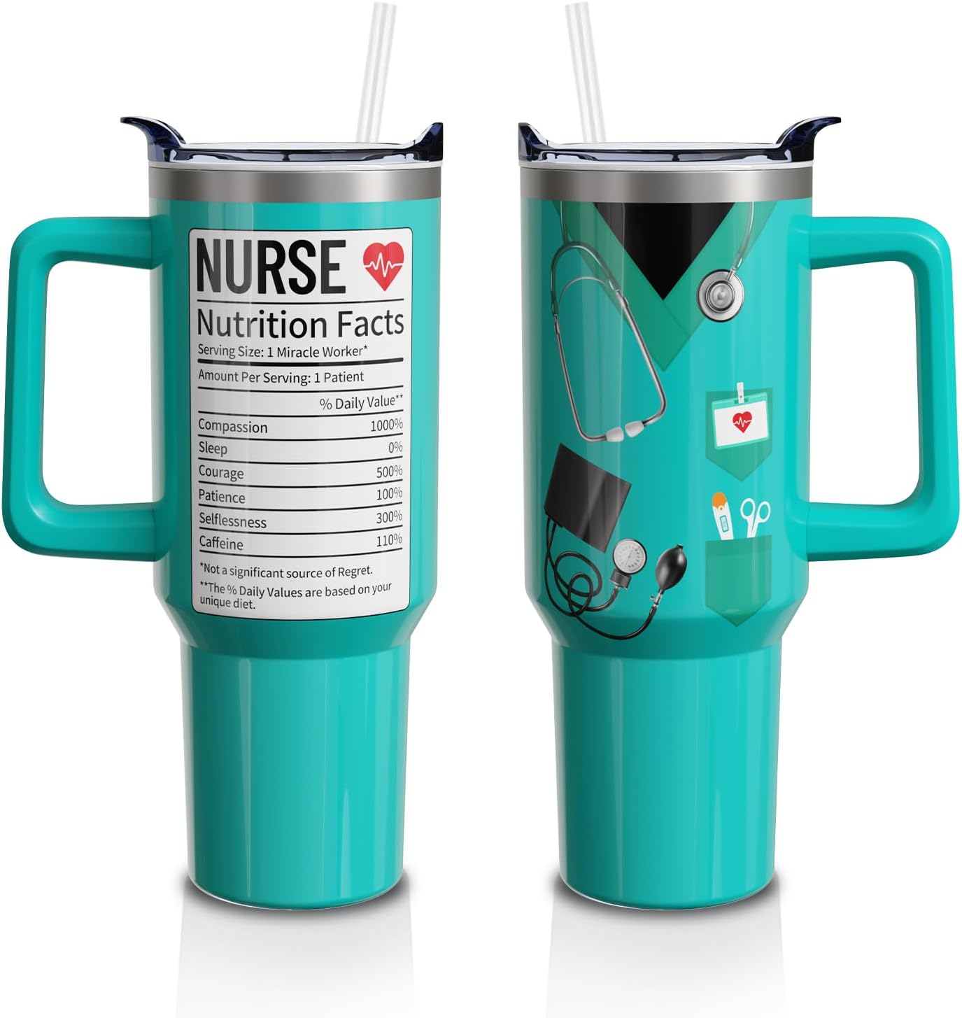 Nurse Cup Gifts for Women Men, 40 Oz Tumbler with Handle and Straw, Nursing Practitioner Appreciation Graduation Nurse Week Teal Insulated Stainless Steel Water Bottle 1PC
