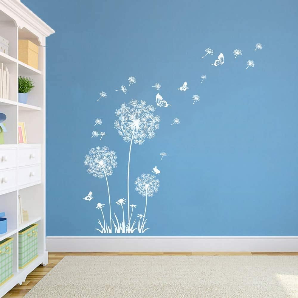 Runtoo White Dandelion Art Stickers - Large Flower Butterfly Wall Decals for Bedroom and Living Room Decor