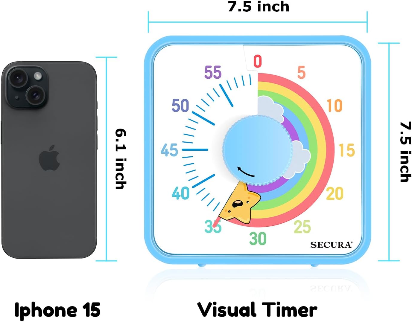 Secura 60-Minute Visual Timer, 7.5 Inch Magnetic Rainbow Countdown Timer for Classroom or Kitchen, Durable Mechanical Timer Clock with Magnetic Backing (Blue & Star)