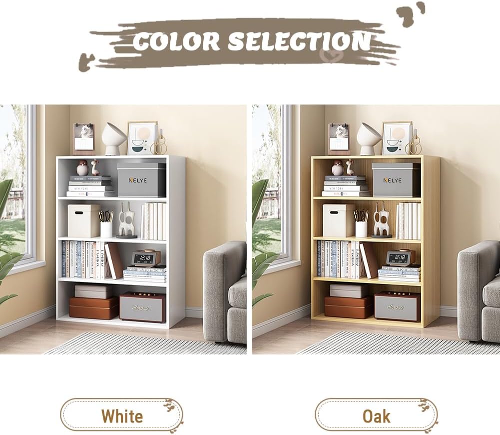 Basic Open Shelf Bookcase - 4-Tier Wooden Cube Storage Shelves Split Bookshelf, White