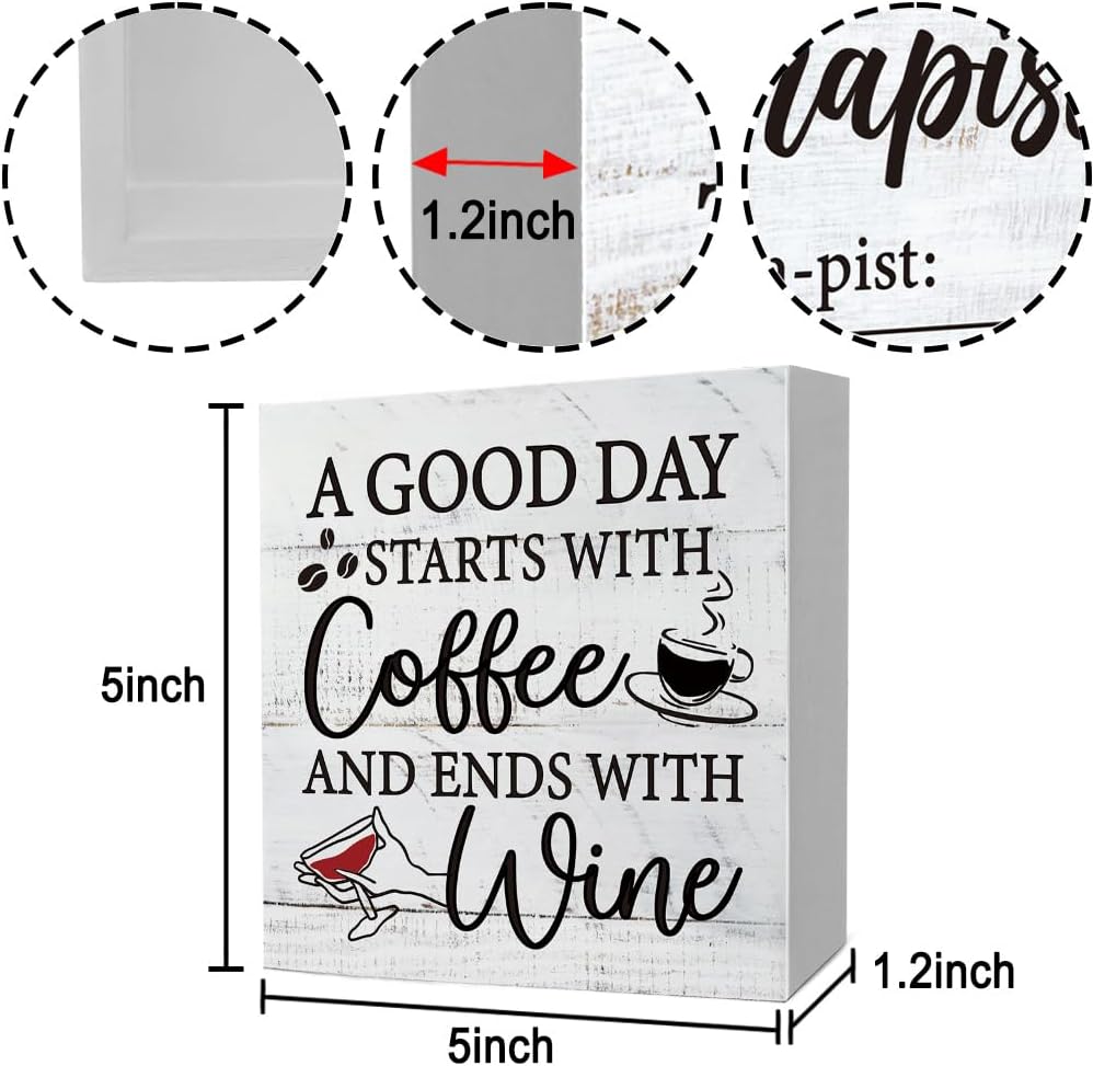 Funny Rustic Wooden Sign Coffee And Wine Desk Decor Sign, A Good Day Starts with Coffee and Ends with Wine Signs for Farmhouse Home Kitchen Office Bar Tabletop Desk, Wooden Accessories for Family Friend Coworker