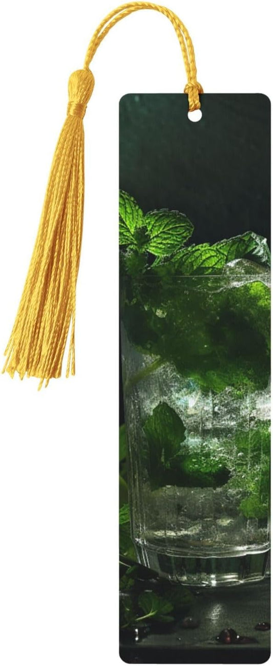 Mint Garnished Wine Glass Bookmarks Gifts for Women Men, Wooden Bookmarks for Book Lovers, Vintage Book Marks Ornaments with Tassel, Unique Personalized Reading Page Markers Gold