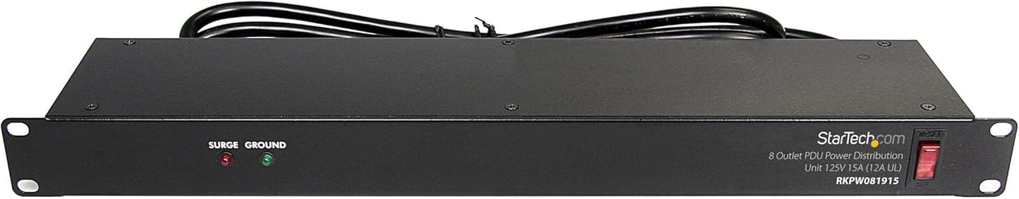StarTech.com 8 Outlet Horizontal 1U Rack Mount PDU Power Strip for Network Server Racks - Surge Protection - 120V/15A - w/ 6ft Power Cord (RKPW081915)