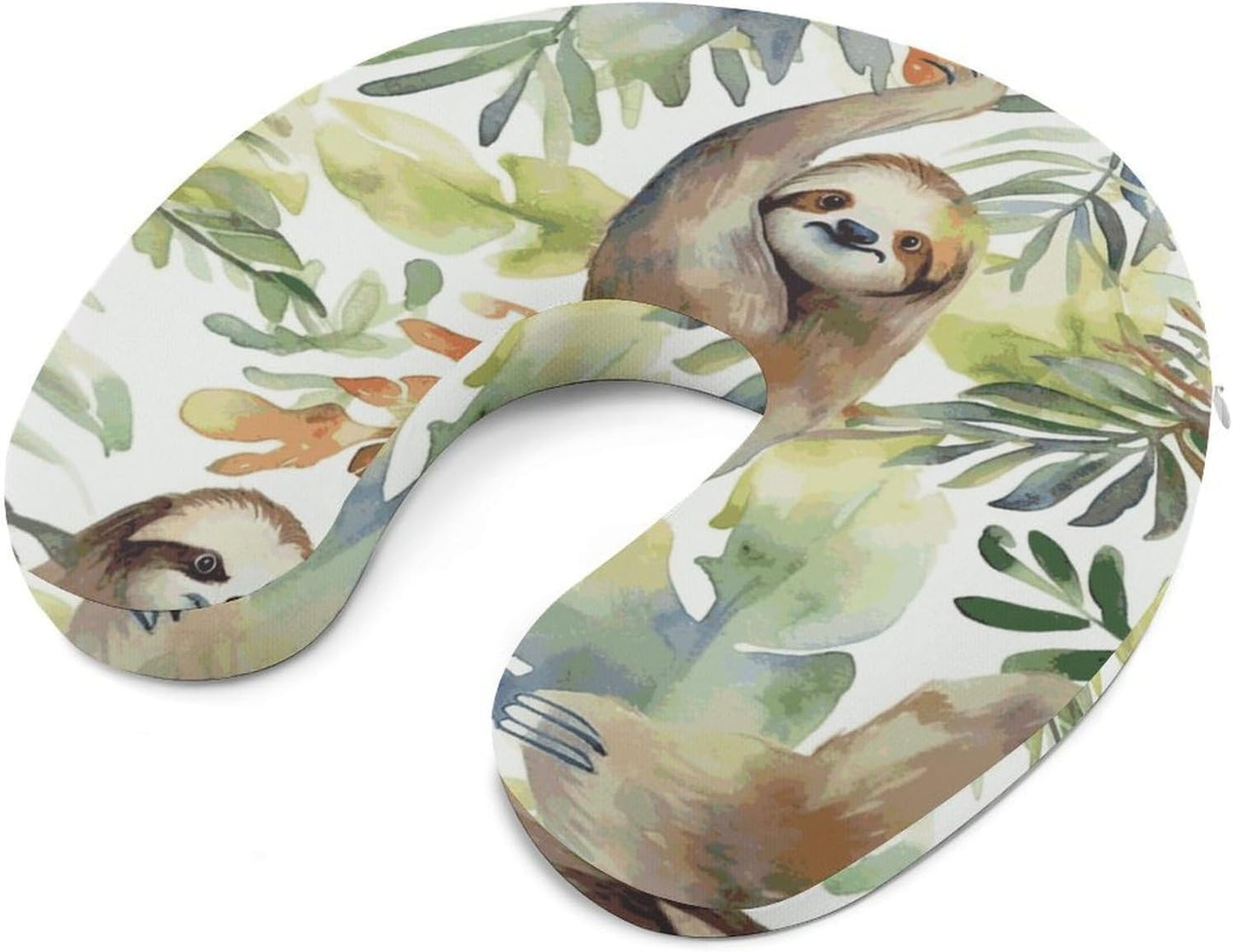 Watercolor Sloth Neck Pillow Memory Foam U Shaped Pillows Portable Pillows for Shoulder Travel Head Support Pillow with Concealed Zipper for Airplane Car Home Office