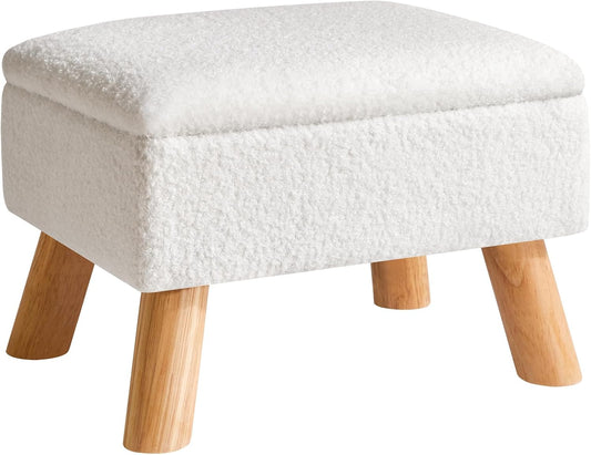 YMYNY Storage Ottoman, Small Foot Stool Ottoman with Storage, Foot Rest with Padded Seat, Teddy Velvet, Sturdy Wood Legs Stool for Living Room Bedroom Couch Enterway, White UHBD042W