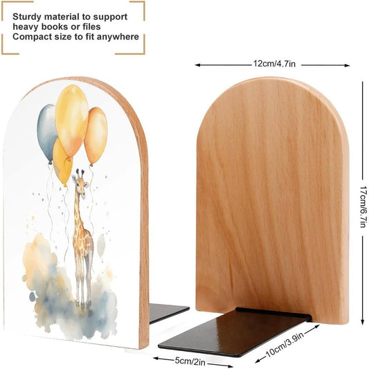 Non-Slip Bookend for Shelves Hand Drawn Giraffe Wooden Bookends with Metal Base Decorative Book Stopper for Home Heavy Duty Wood Book Storage for Books/CDs