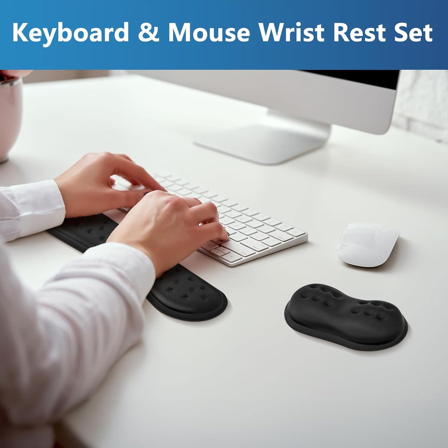 VANKEY Wrist Rest for Keyboard and Mouse, Ergonomic Computer Wrist Support Pad, Soft Memory Foam Palm Rest for Work, Gaming, Anti-Slip Gel Base, Easy Typing, Wrist Pain Relief, Black