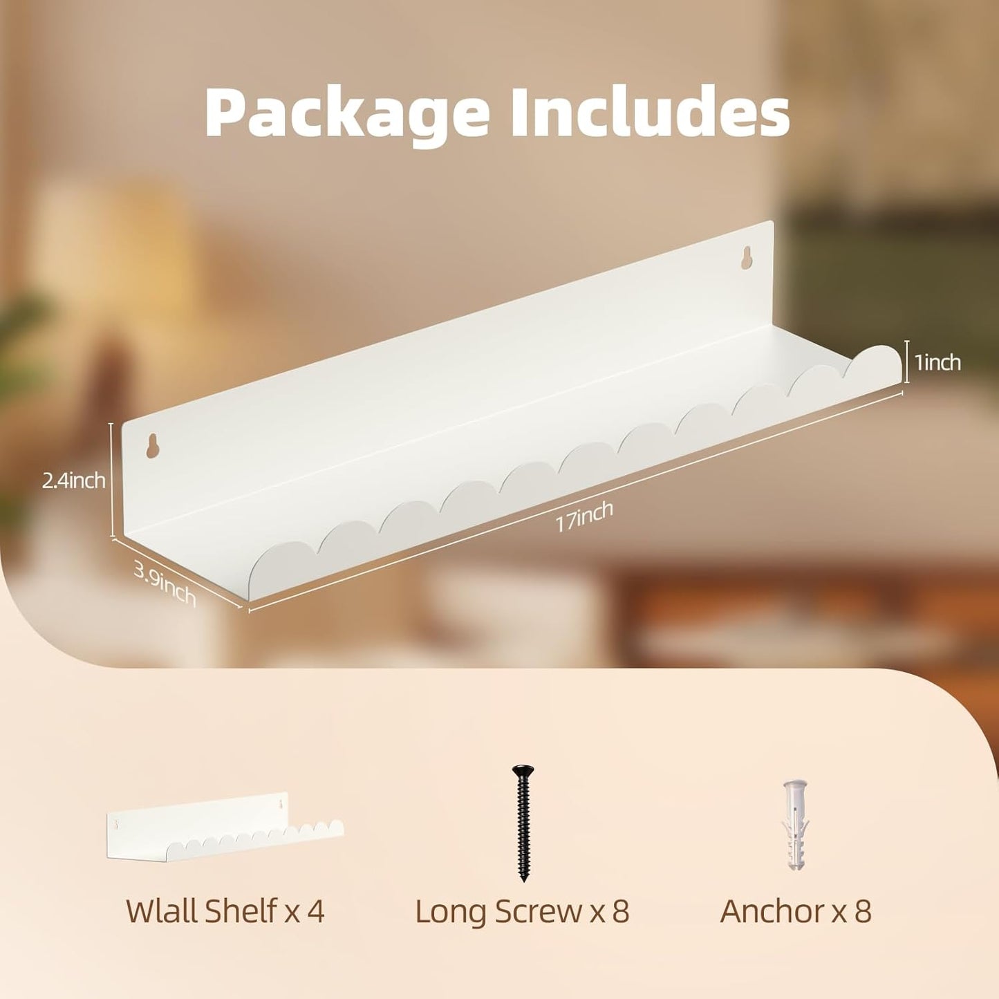 Nursery Book Shelves,Kids Bookshelf and Toy Storage,17 Inch Metal Floating Shelves Set of 4,Wall Shelves for Bedroom, Kids Room,Bathroom,Kitchen,Playroom Decor,Nursery Decor (White Metal, 17 inch)
