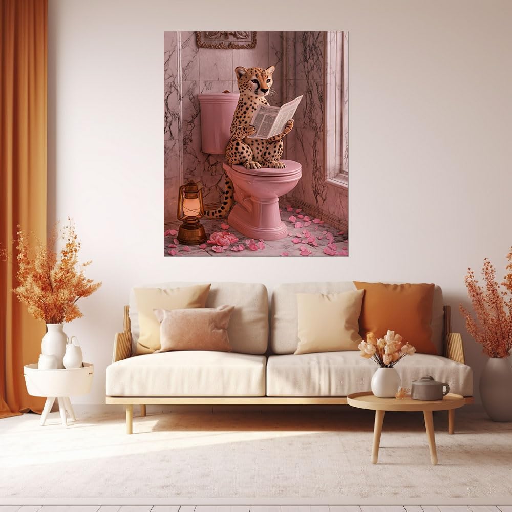 Mudket Funny Cheetah Poster Canvas Wall art for Bathroom, Framed Ready to Hang, Modern Cool Pink Leopard Reading Picturess Art for Toilet Restroom Powder Room Decor - 24" L x 16" W