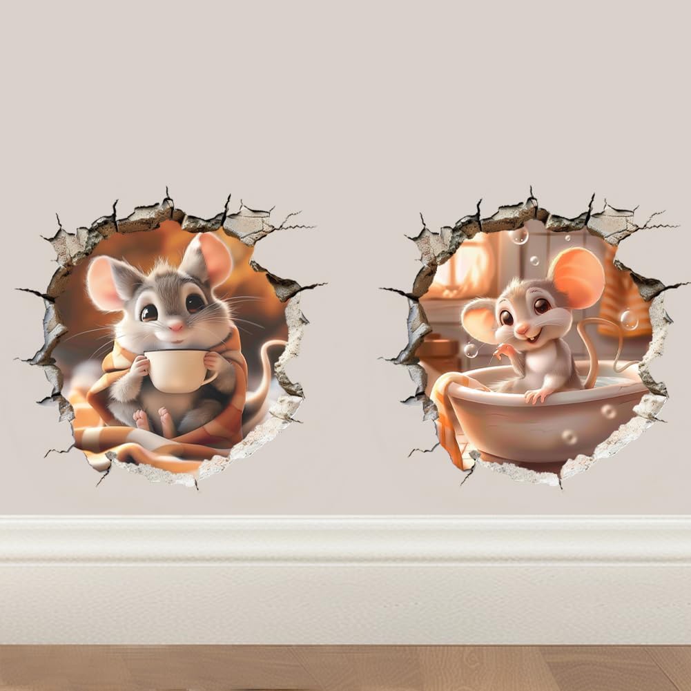 Peacoblue Mouse Hole Wall Stickers Decals Decor Removable Peel and Stick, 1 Sheet 11.8" x 23.6" Vinyl 3D Wall Murals for Bedroom Living Sewing Room Classroom Playroom Bathroom Home